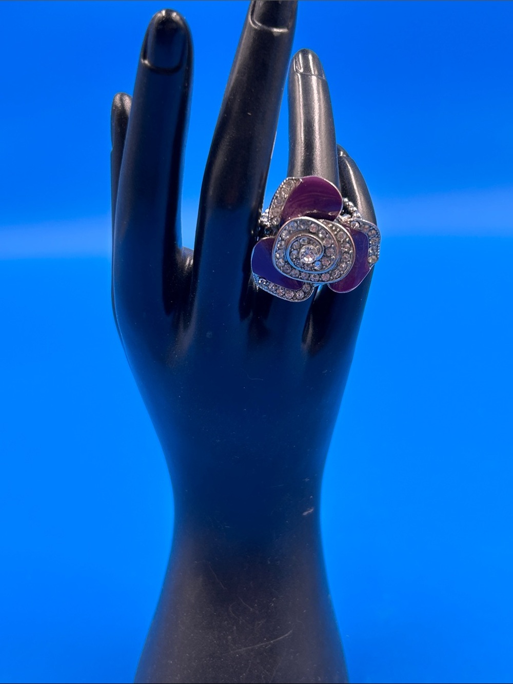 Purple Flower Statement Ring with Crystal Accents